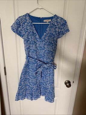 LOFT Dress -  Blue and White Floral V-Neck Tie-Waist Dress